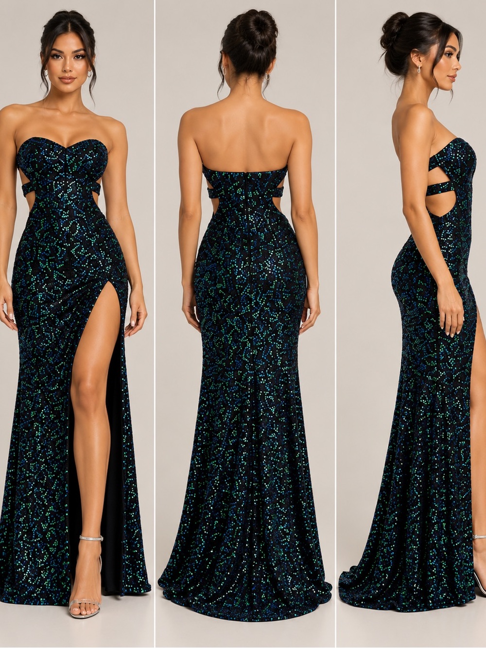 Strapless Emerald Sequin Cutout Evening Gown